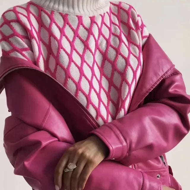 Suéter de punto a rayas para mujer, moderno, ajustado, holgado, de cuello alto, para otoño, deportivo, informal, 2025