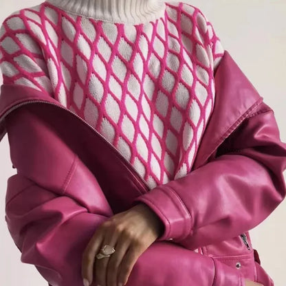 Suéter de punto a rayas para mujer, moderno, ajustado, holgado, de cuello alto, para otoño, deportivo, informal, 2025