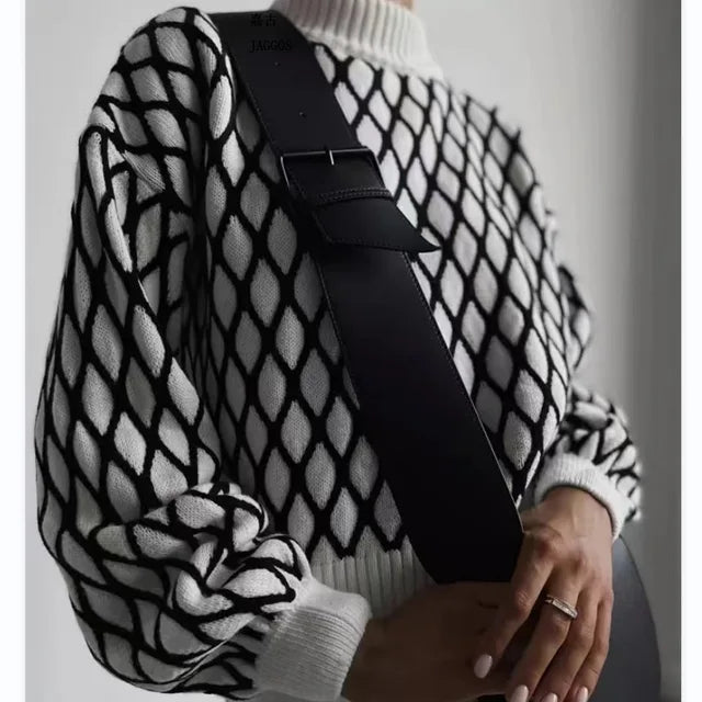 Suéter de punto a rayas para mujer, moderno, ajustado, holgado, de cuello alto, para otoño, deportivo, informal, 2025