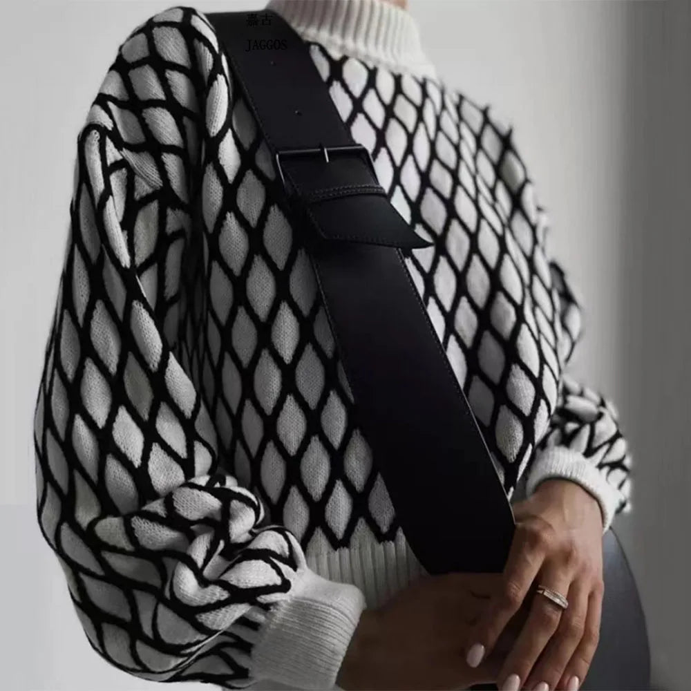 Suéter de punto a rayas para mujer, moderno, ajustado, holgado, de cuello alto, para otoño, deportivo, informal, 2025