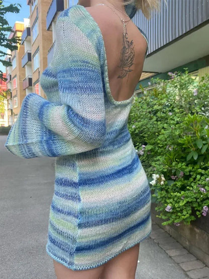 Vestido playero de punto con estampado de rayas para mujer, manga larga, holgado, de punto, sin espalda