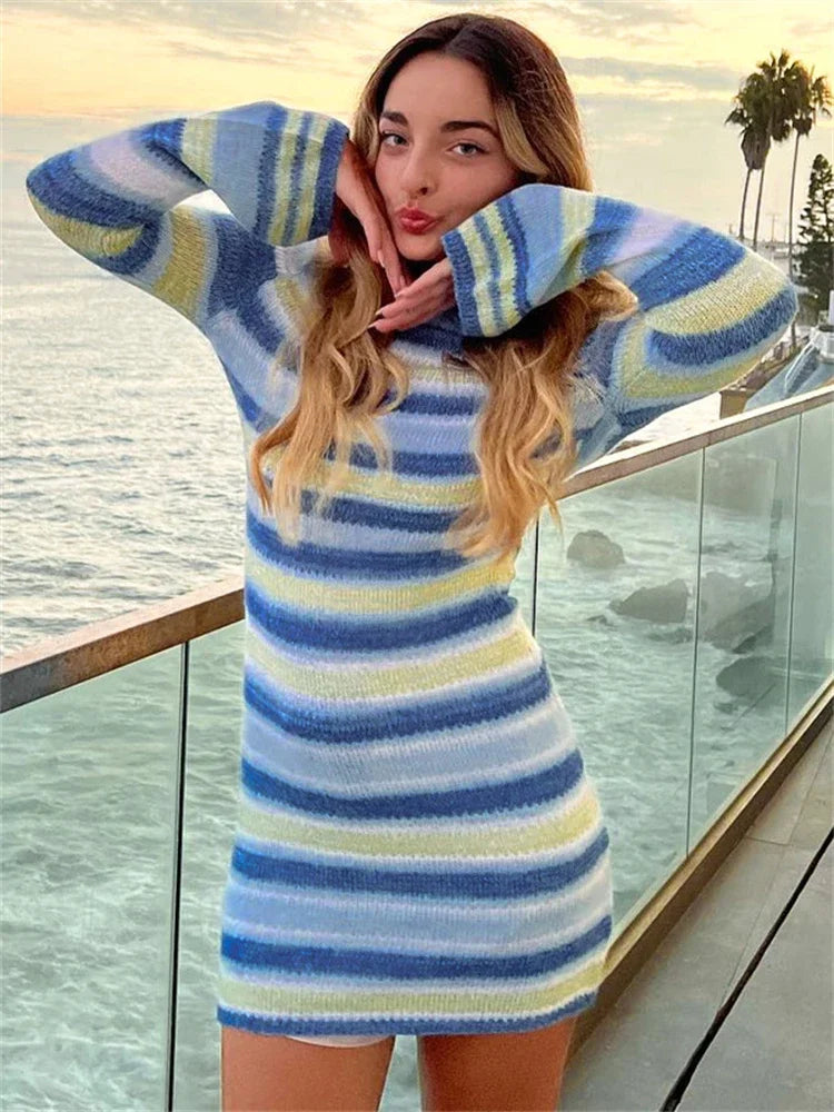 Vestido playero de punto con estampado de rayas para mujer, manga larga, holgado, de punto, sin espalda