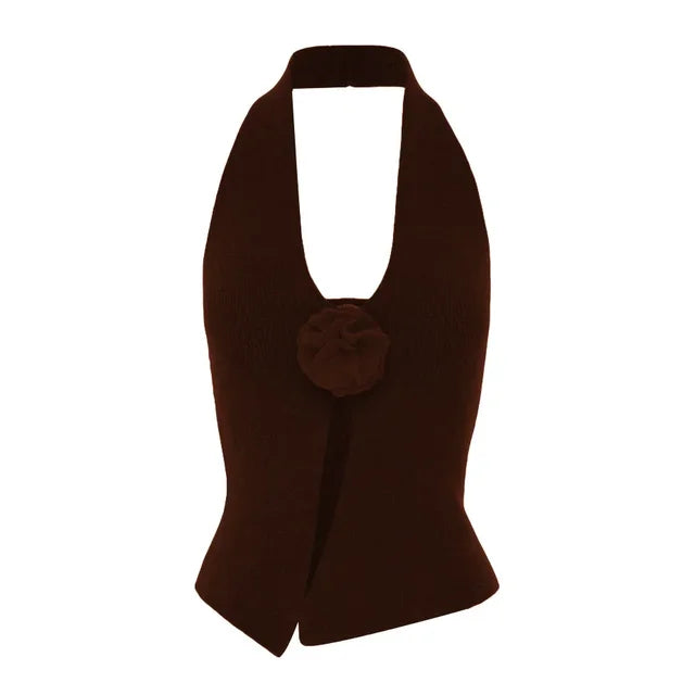 Camisetas de lana sin mangas con cuello halter para mujer, ropa con flores, top corto ajustado liso para mujer, chaleco sexy informal para vacaciones