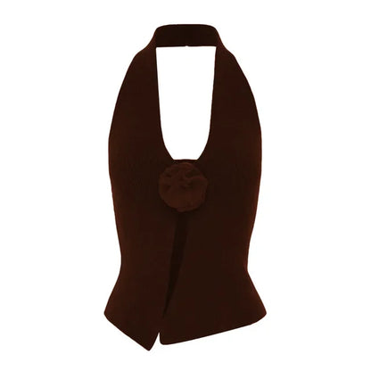 Camisetas de lana sin mangas con cuello halter para mujer, ropa con flores, top corto ajustado liso para mujer, chaleco sexy informal para vacaciones