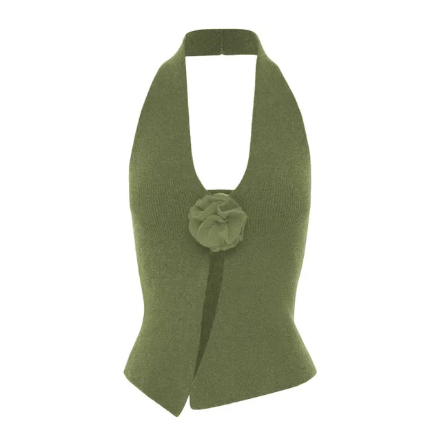 Camisetas de lana sin mangas con cuello halter para mujer, ropa con flores, top corto ajustado liso para mujer, chaleco sexy informal para vacaciones