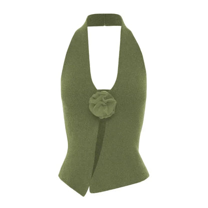 Camisetas de lana sin mangas con cuello halter para mujer, ropa con flores, top corto ajustado liso para mujer, chaleco sexy informal para vacaciones