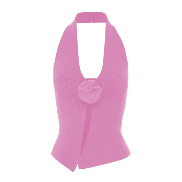 Camisetas de lana sin mangas con cuello halter para mujer, ropa con flores, top corto ajustado liso para mujer, chaleco sexy informal para vacaciones