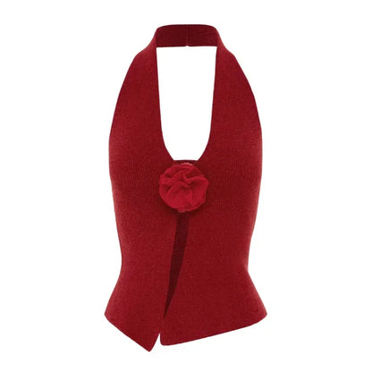 Camisetas de lana sin mangas con cuello halter para mujer, ropa con flores, top corto ajustado liso para mujer, chaleco sexy informal para vacaciones