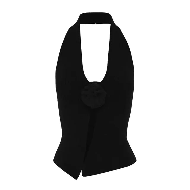 Camisetas de lana sin mangas con cuello halter para mujer, ropa con flores, top corto ajustado liso para mujer, chaleco sexy informal para vacaciones