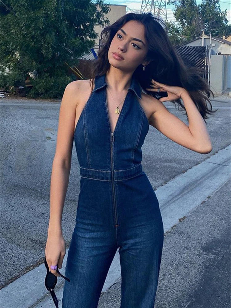 Y2k Denim Jumpsuit Women 2025 New V-Neck Sleeveless Slim Bodycon Jumpsuits Overalls Streetwear One Piece Outfits Jeans