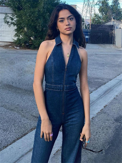 Y2k Denim Jumpsuit Women 2025 New V-Neck Sleeveless Slim Bodycon Jumpsuits Overalls Streetwear One Piece Outfits Jeans