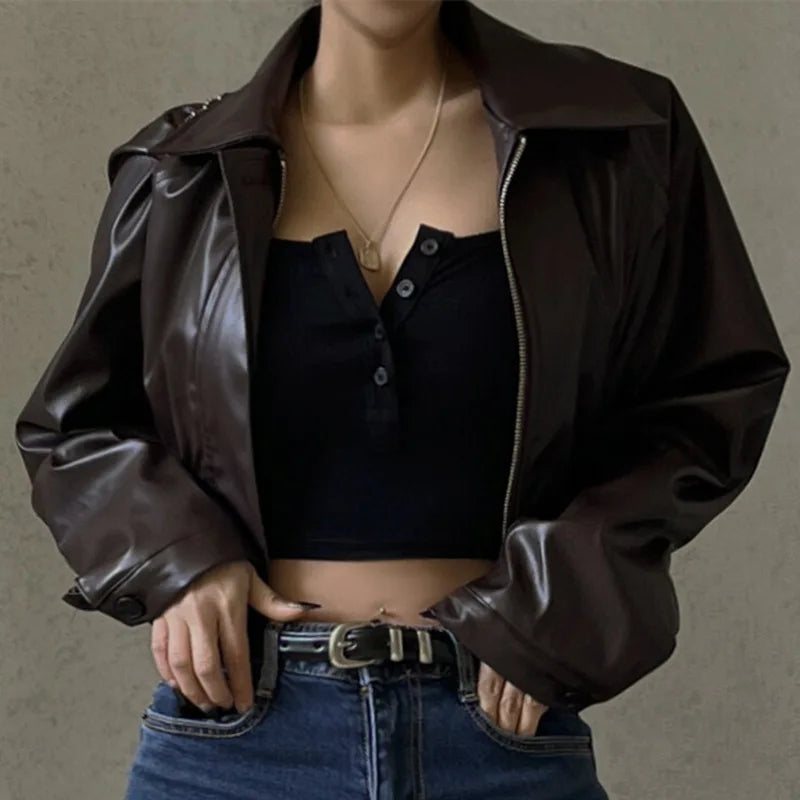 Chaquetas de PU retro con cremallera para mujer, abrigos básicos informales de temperamento sólido de invierno para mujer, chaqueta de cuero de moda de otoño 2025 para mujer