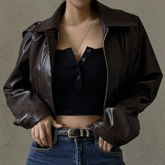 Chaquetas de PU retro con cremallera para mujer, abrigos básicos informales de temperamento sólido de invierno para mujer, chaqueta de cuero de moda de otoño 2025 para mujer