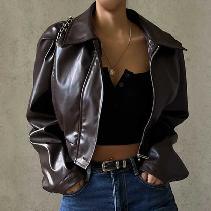 Chaquetas de PU retro con cremallera para mujer, abrigos básicos informales de temperamento sólido de invierno para mujer, chaqueta de cuero de moda de otoño 2025 para mujer