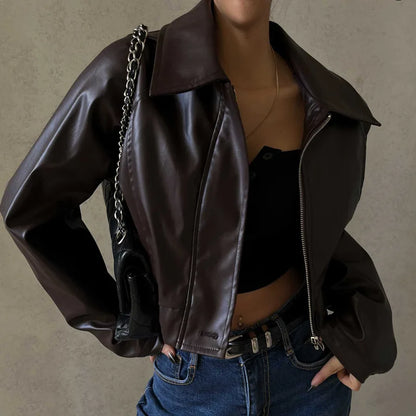 Chaquetas de PU retro con cremallera para mujer, abrigos básicos informales de temperamento sólido de invierno para mujer, chaqueta de cuero de moda de otoño 2025 para mujer