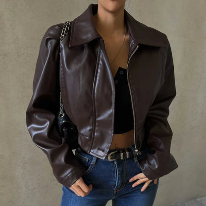 Chaquetas de PU retro con cremallera para mujer, abrigos básicos informales de temperamento sólido de invierno para mujer, chaqueta de cuero de moda de otoño 2025 para mujer