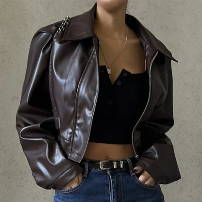 Chaquetas de PU retro con cremallera para mujer, abrigos básicos informales de temperamento sólido de invierno para mujer, chaqueta de cuero de moda de otoño 2025 para mujer