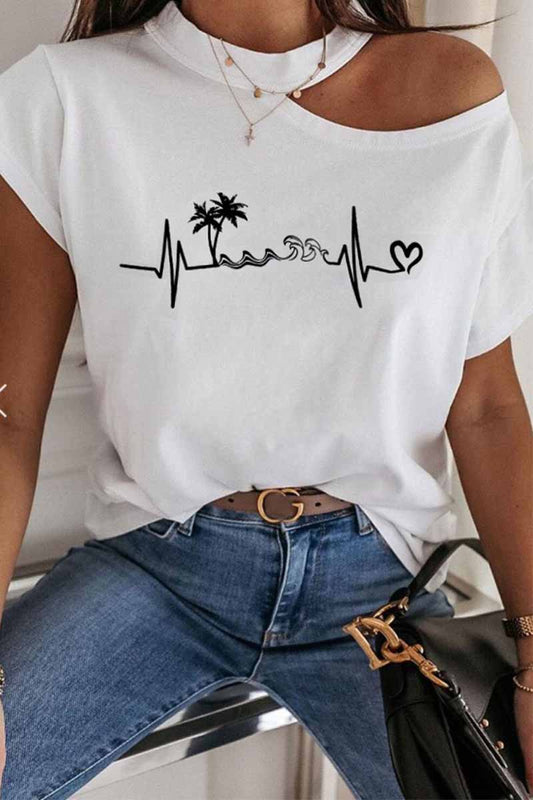 Print Cold Shoulder Short Sleeve T-shirt