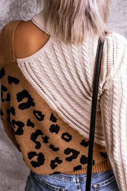 Suéter frío de cuello alto con estampado de leopardo y patchwork
