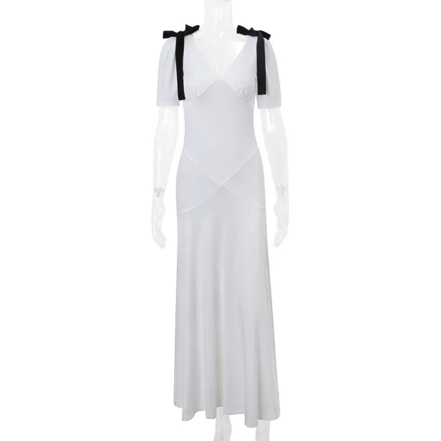 TRAUXY Elegante Vestido Largo con Lazo y Cordones para Mujer, Sin Mangas, Abullonado, Escote en V, Vestido de Playa de Moda para Vacaciones, Conjuntos de Verano