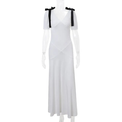 TRAUXY Elegante Vestido Largo con Lazo y Cordones para Mujer, Sin Mangas, Abullonado, Escote en V, Vestido de Playa de Moda para Vacaciones, Conjuntos de Verano