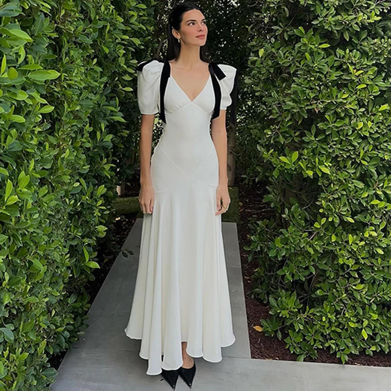 TRAUXY Elegante Vestido Largo con Lazo y Cordones para Mujer, Sin Mangas, Abullonado, Escote en V, Vestido de Playa de Moda para Vacaciones, Conjuntos de Verano