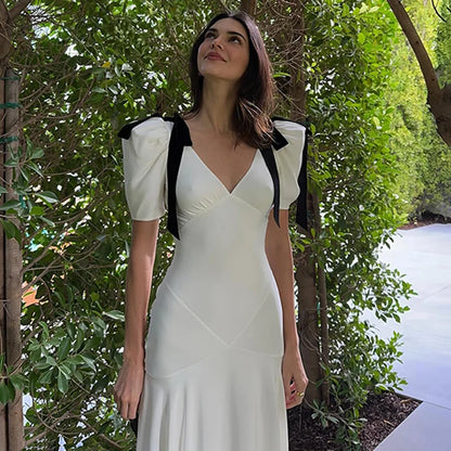 TRAUXY Elegante Vestido Largo con Lazo y Cordones para Mujer, Sin Mangas, Abullonado, Escote en V, Vestido de Playa de Moda para Vacaciones, Conjuntos de Verano