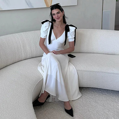 TRAUXY Elegante Vestido Largo con Lazo y Cordones para Mujer, Sin Mangas, Abullonado, Escote en V, Vestido de Playa de Moda para Vacaciones, Conjuntos de Verano