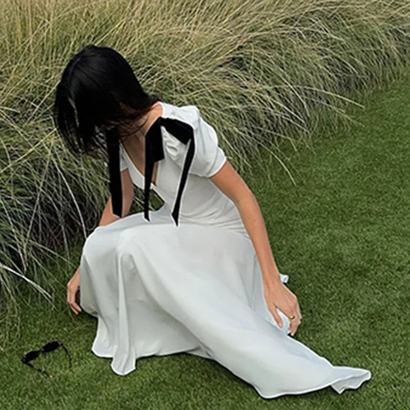 TRAUXY Elegante Vestido Largo con Lazo y Cordones para Mujer, Sin Mangas, Abullonado, Escote en V, Vestido de Playa de Moda para Vacaciones, Conjuntos de Verano
