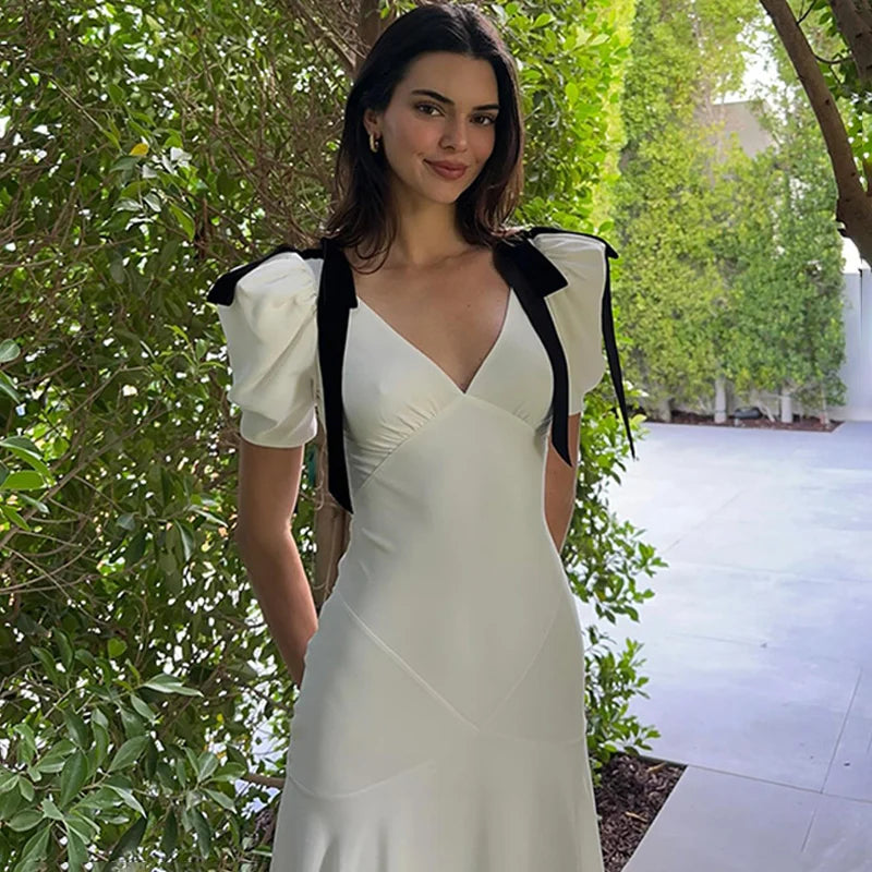 TRAUXY Elegante Vestido Largo con Lazo y Cordones para Mujer, Sin Mangas, Abullonado, Escote en V, Vestido de Playa de Moda para Vacaciones, Conjuntos de Verano
