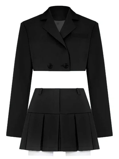 Casual Two Piece Sets Women’s Outfits 2025 New Black Matching Sets With Skirt And Blazer Cropped Top Skirt Sets For Women