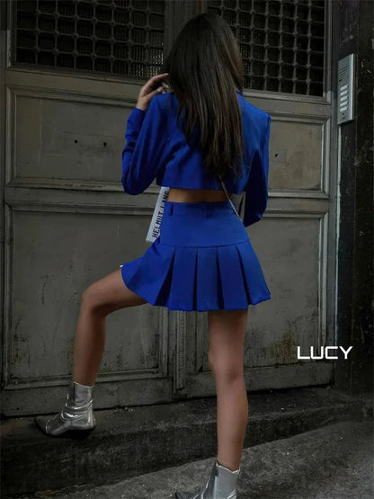 Casual Two Piece Sets Women’s Outfits 2025 New Black Matching Sets With Skirt And Blazer Cropped Top Skirt Sets For Women