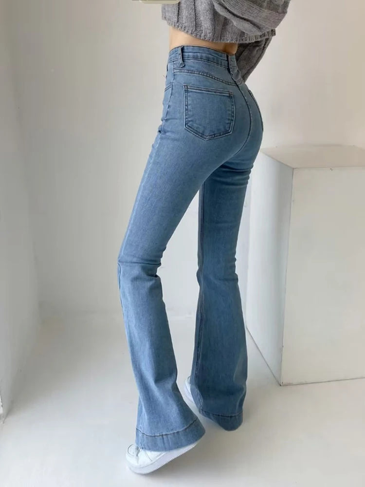 Pantalones vaqueros acampanados de verano para mujer, pantalones vaqueros largos ajustados, pantalones vaqueros elásticos azules de moda Y2K, pantalones vaqueros de cintura alta 2025