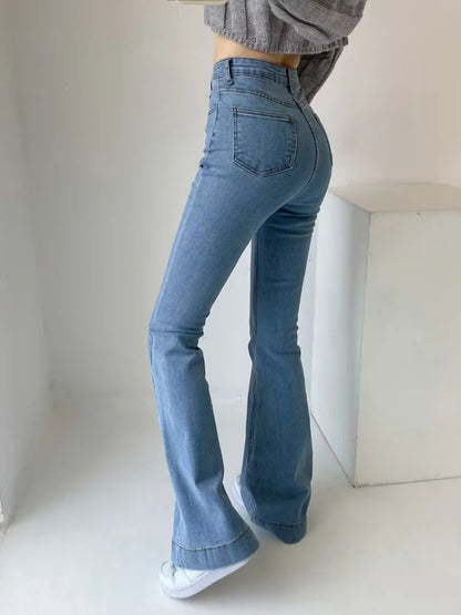 Pantalones vaqueros acampanados de verano para mujer, pantalones vaqueros largos ajustados, pantalones vaqueros elásticos azules de moda Y2K, pantalones vaqueros de cintura alta 2025