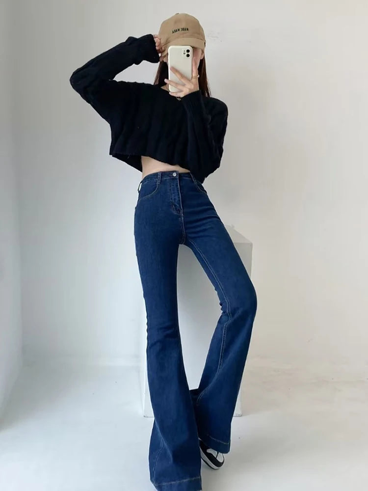 Pantalones vaqueros acampanados de verano para mujer, pantalones vaqueros largos ajustados, pantalones vaqueros elásticos azules de moda Y2K, pantalones vaqueros de cintura alta 2025
