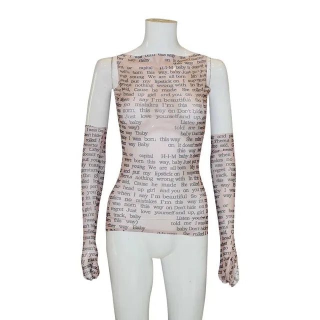 Camiseta de malla con estampado de letras para mujer, cuello redondo, transparente, sexy, sin mangas, con dorado, básica, ajustada, estilo Y2K