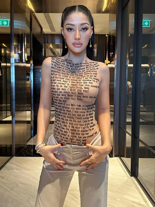 Mesh Letter Printted T-shirt Women O-Neck See Through Sexy Tank Tops With Golve High Street Basic Slim Y2K Top Tee Shirts