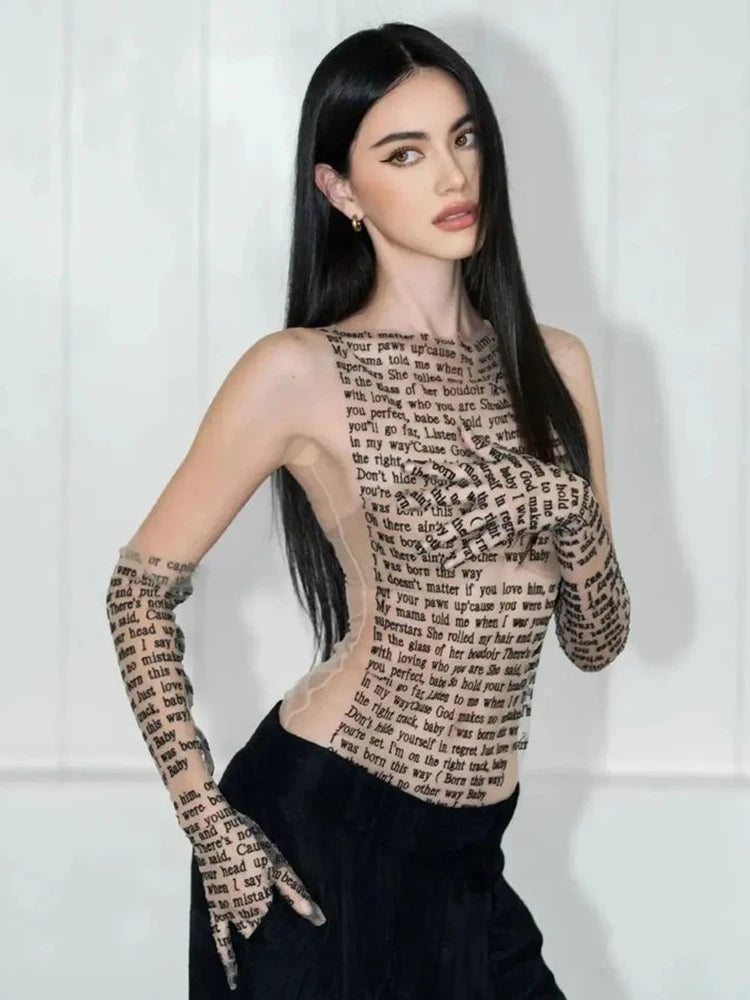 Camiseta de malla con estampado de letras para mujer, cuello redondo, transparente, sexy, sin mangas, con dorado, básica, ajustada, estilo Y2K