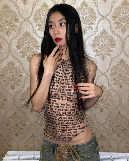 Camiseta de malla con estampado de letras para mujer, cuello redondo, transparente, sexy, sin mangas, con dorado, básica, ajustada, estilo Y2K