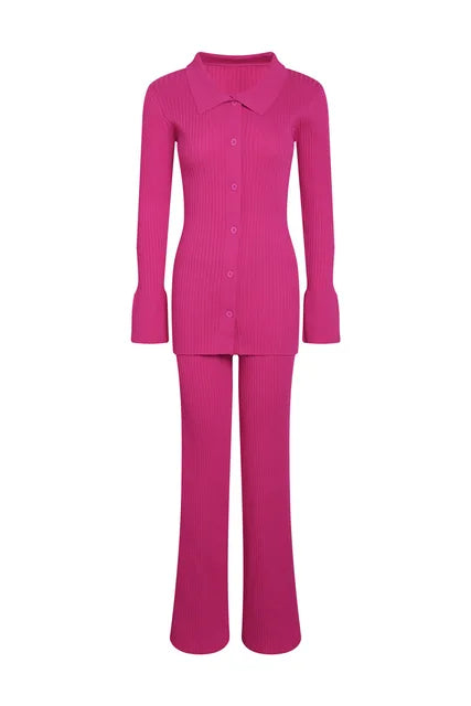 Conjunto de dos piezas para mujer, ropa de casa, informal, de punto, con camisa de manga larga y pantalones anchos, para otoño