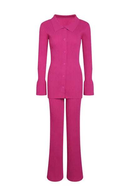 Conjunto de dos piezas para mujer, ropa de casa, informal, de punto, con camisa de manga larga y pantalones anchos, para otoño