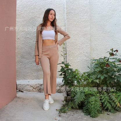 Conjunto de dos piezas para mujer, ropa de casa, informal, de punto, con camisa de manga larga y pantalones anchos, para otoño
