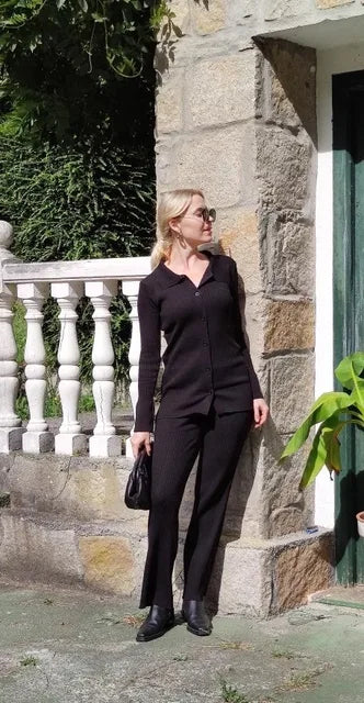 Conjunto de dos piezas para mujer, ropa de casa, informal, de punto, con camisa de manga larga y pantalones anchos, para otoño