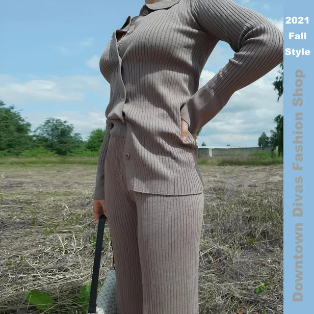 Conjunto de dos piezas para mujer, ropa de casa, informal, de punto, con camisa de manga larga y pantalones anchos, para otoño