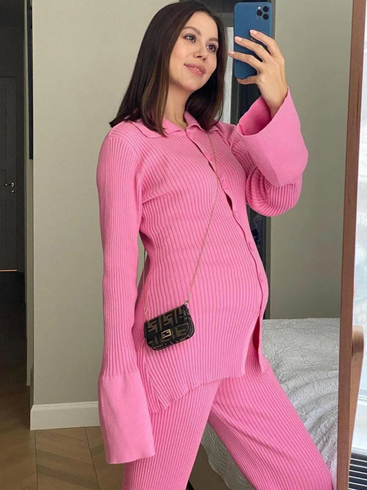 Conjunto de dos piezas para mujer, ropa de casa, informal, de punto, con camisa de manga larga y pantalones anchos, para otoño