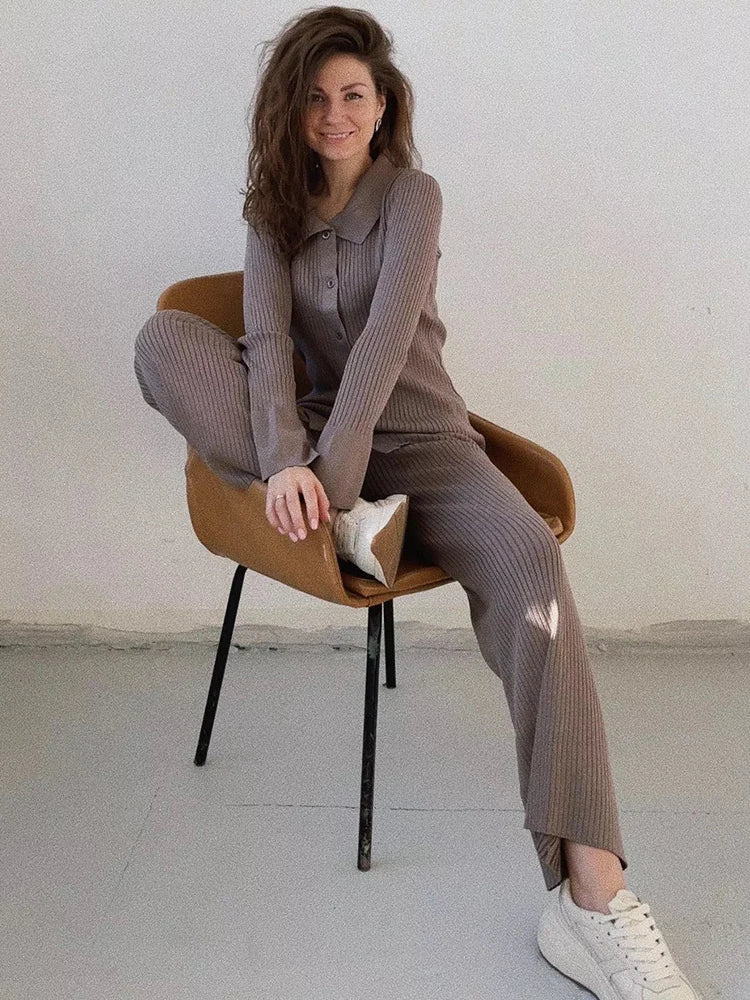 Conjunto de dos piezas para mujer, ropa de casa, informal, de punto, con camisa de manga larga y pantalones anchos, para otoño