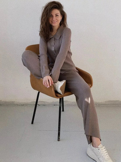 Conjunto de dos piezas para mujer, ropa de casa, informal, de punto, con camisa de manga larga y pantalones anchos, para otoño