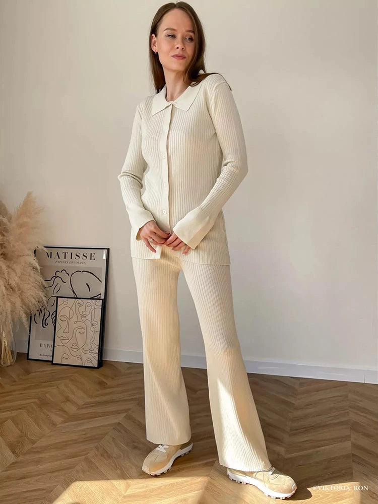 Conjunto de dos piezas para mujer, ropa de casa, informal, de punto, con camisa de manga larga y pantalones anchos, para otoño