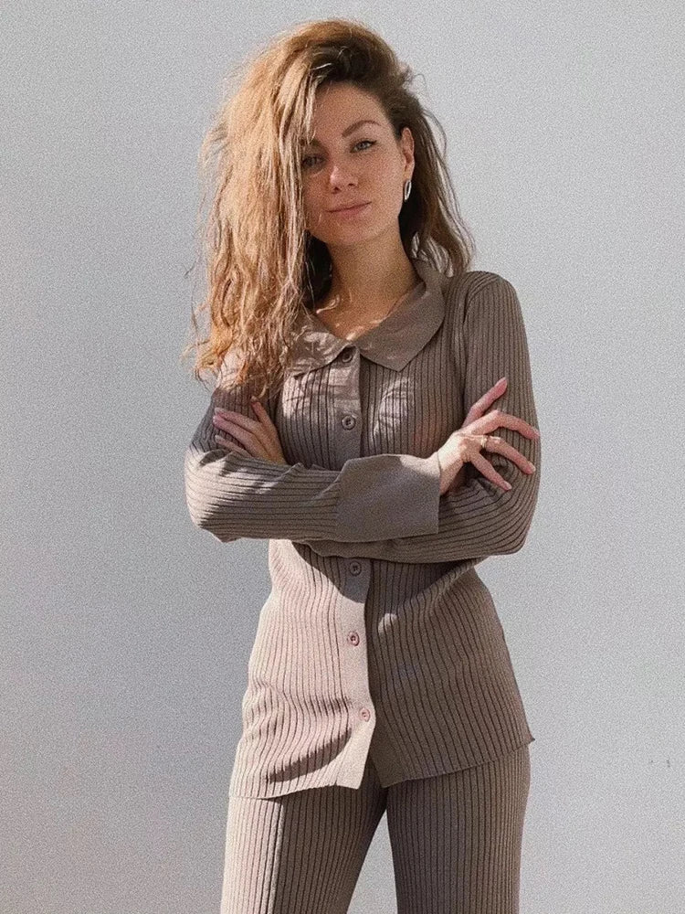 Conjunto de dos piezas para mujer, ropa de casa, informal, de punto, con camisa de manga larga y pantalones anchos, para otoño