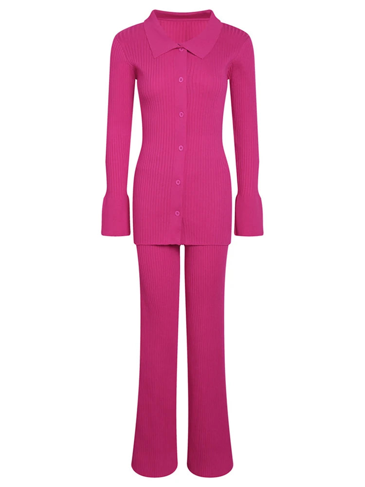 Conjunto de dos piezas para mujer, ropa de casa, informal, de punto, con camisa de manga larga y pantalones anchos, para otoño